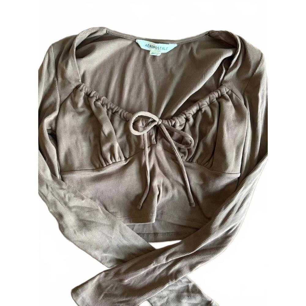 Aeropostale Brown Ribbed Cropped Shirt – Tie Front, Size Small